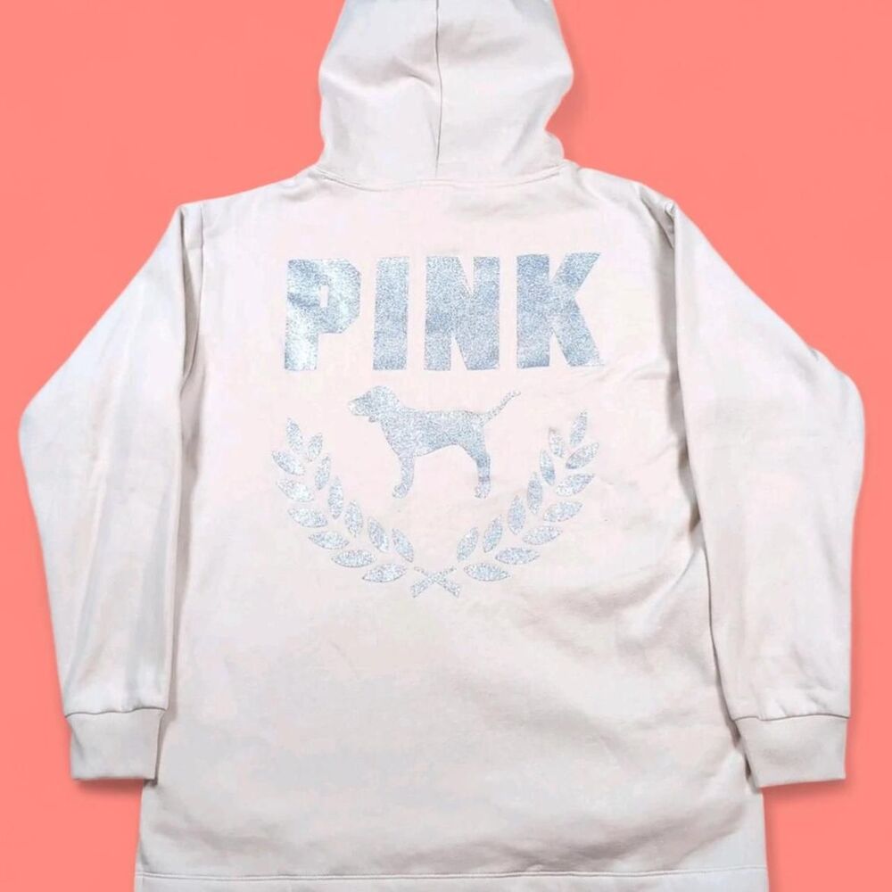 Victoria's Secret PINK Women's Cream and White Hoodie W/ Silver Glitter Logo. M.